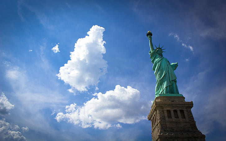 city, Statue of Liberty, clouds, New York City