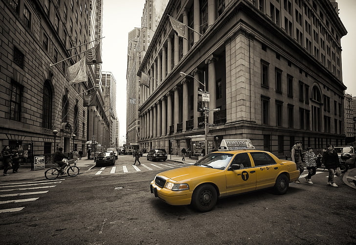 yellow Ford taxi sedan, New York City, traffic, vehicle, selective coloring