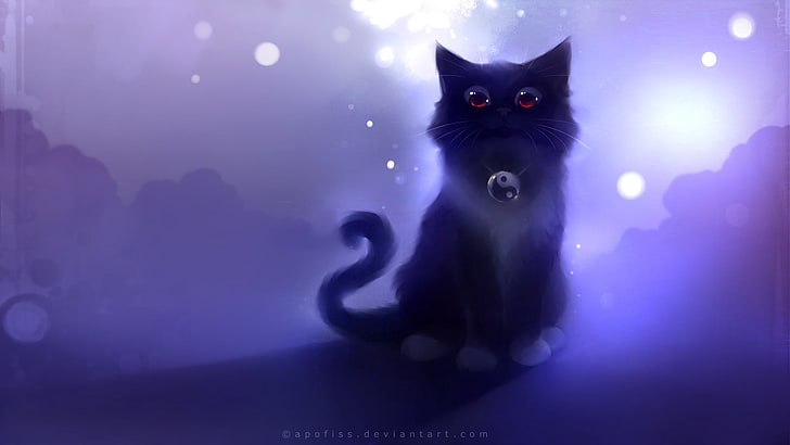 long-fur black and white cat wearing yin-yang necklace illustration