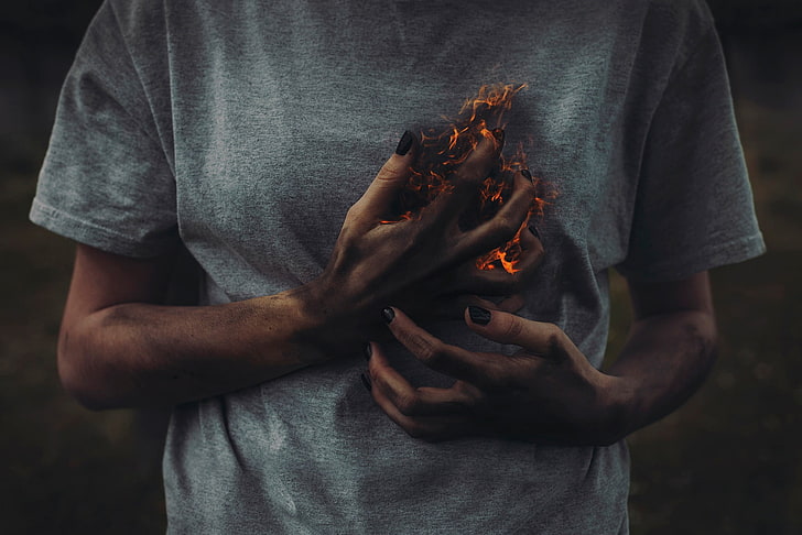 emotion, fire, hands, painted nails, midsection, one person