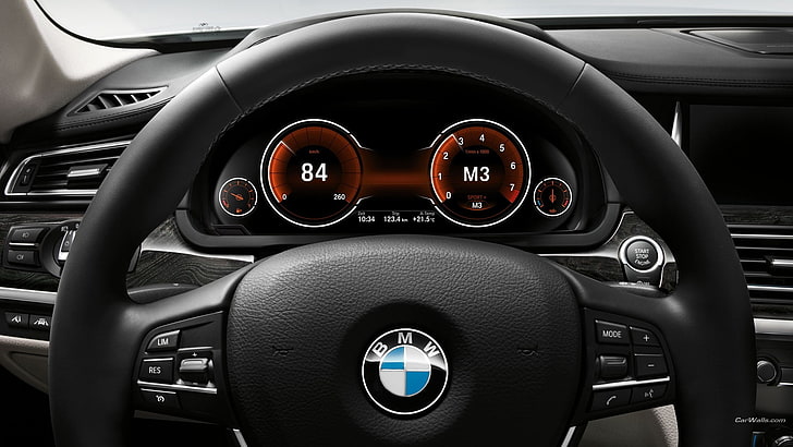 black BMW car steering wheel, BMW 7, vehicle, mode of transportation