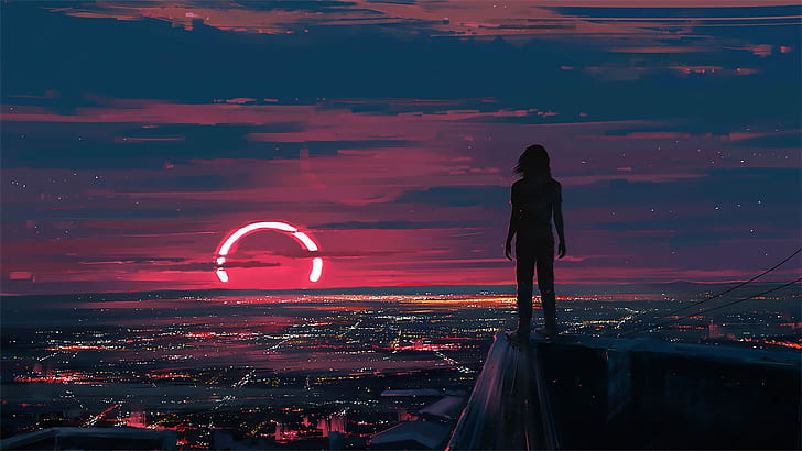 Sunset, Figure, The city, People, Art, Lunar, Aenami, by Aenami, HD wallpaper