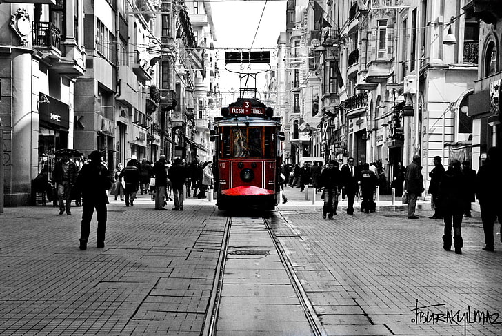 photography of selective color train, Istanbul, Turkey, taksim