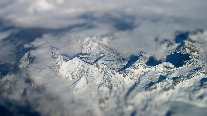 mountains, snow, tilt shift, landscape, aerial view