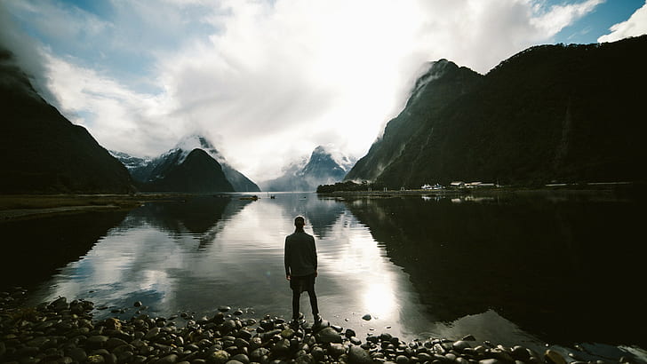 men, Milford Sound, mountains, snow, New Zealand