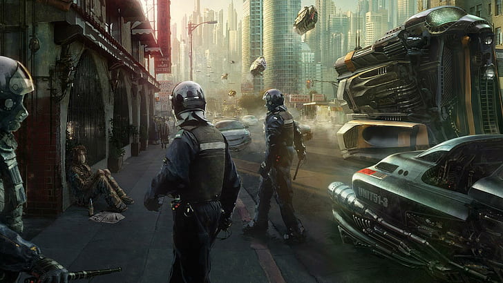 Police officers in futuristic city, game app, fantasy, 1920x1080