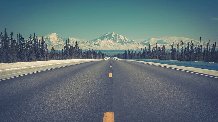 road, highway, sky, nature, horizon, infrastructure, winter