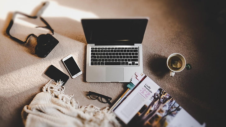 laptop, macbook, iphone, apple, journal, coffee, glasses, wireless technology HD wallpaper