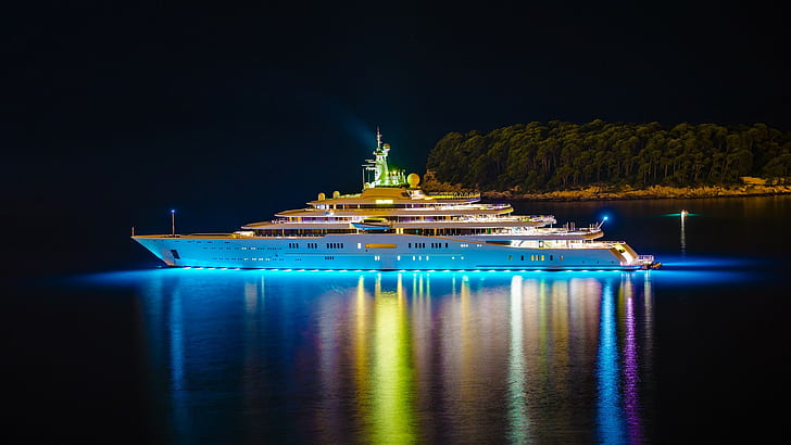 night, trees, boat, ship, reflection, yachts, lights, water, HD wallpaper