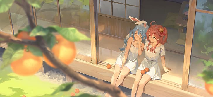 anime girls, sitting, orange (fruit), Hololive, dress, Usada Pekora, HD wallpaper
