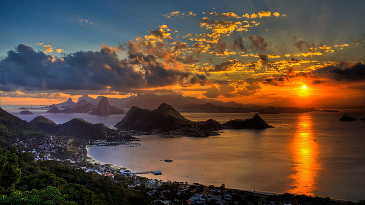 Sunset In Rio De Janeiro Niterói City Park Eclipse Orange Sun Red Sky Dark Clouds Reflection In The Ocean 3840×2160, HD wallpaper