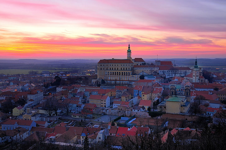 city houses, cityscape, Czech Republic, dusk, purple sky, architecture, HD wallpaper