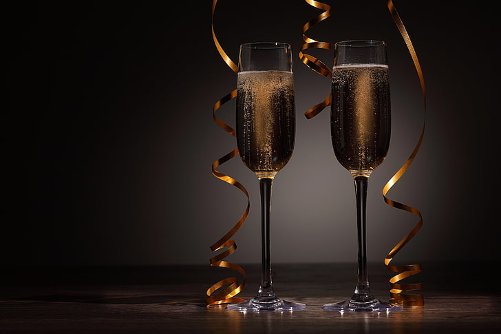 two clear champagne glasses, holiday, New Year, Christmas, serpentine, HD wallpaper