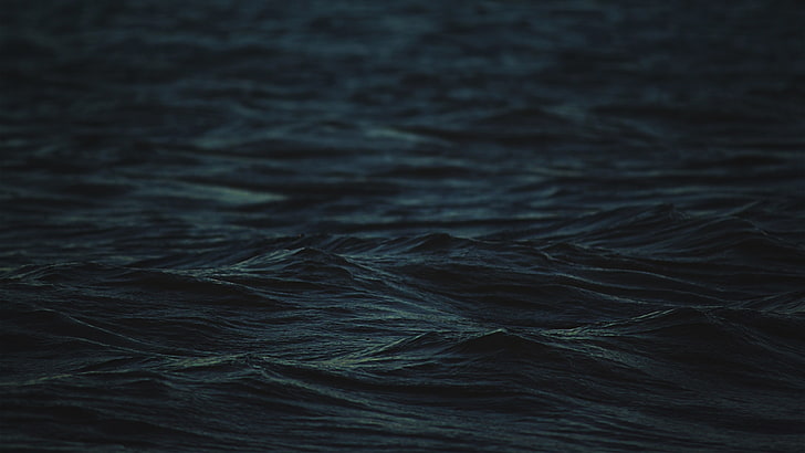 depth of field, blue, sea, dark, water, waves, simple, HD wallpaper