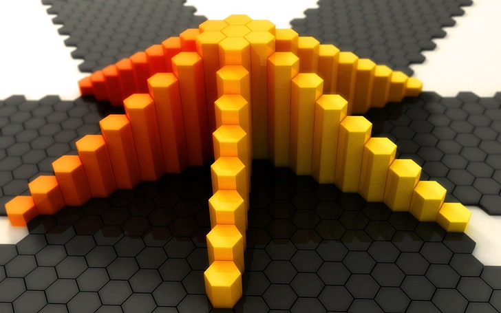 yellow 3D plastic building block toy, pyramid, stage, cell, abstract, HD wallpaper