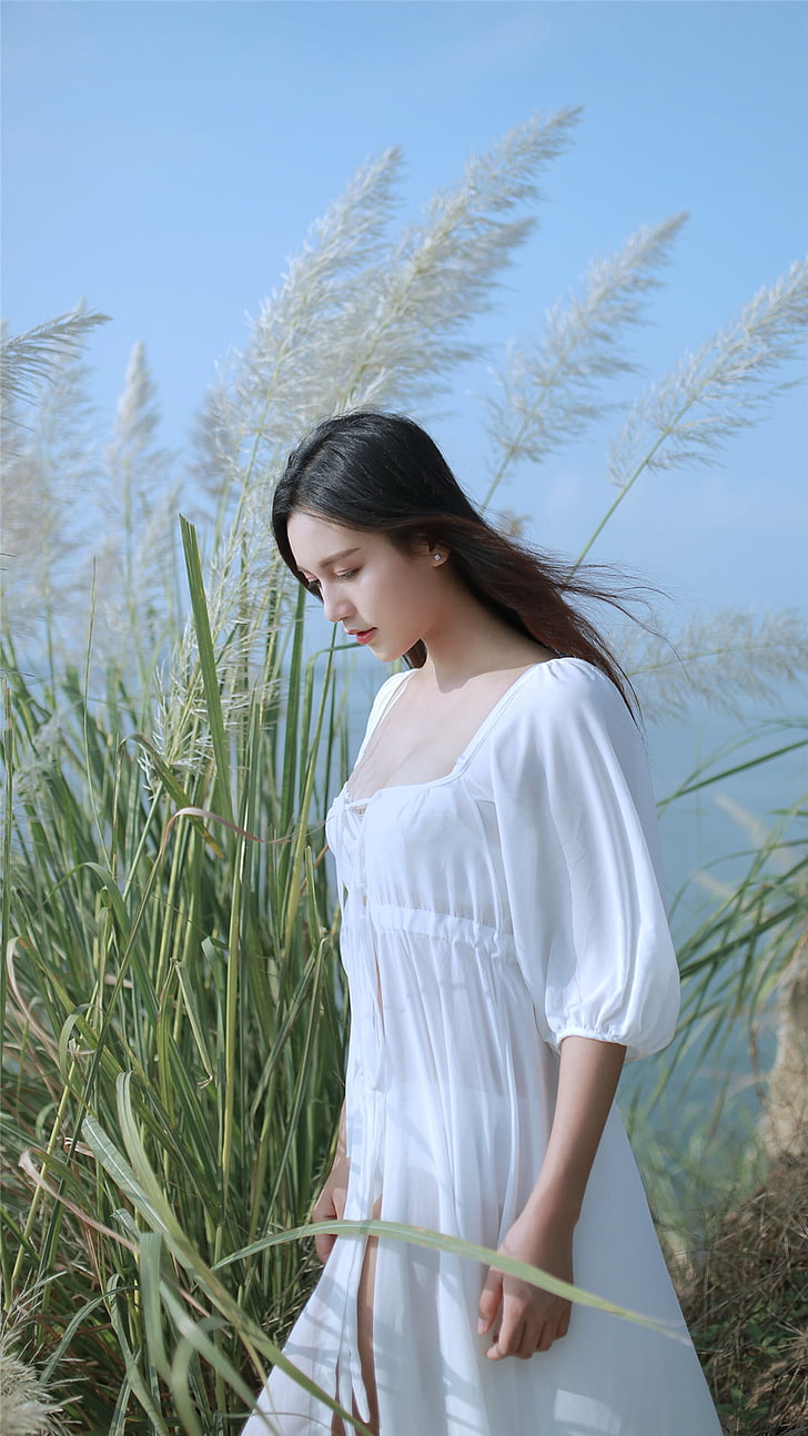 women, Asian, women outdoors, see-through clothing, white dress, HD wallpaper