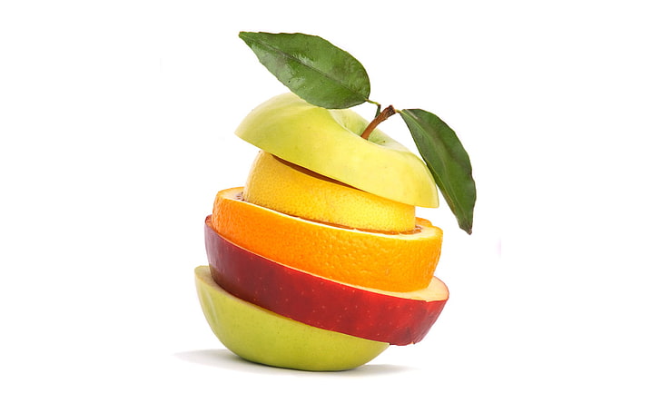 sliced of fruits, color, Wallpaper, Apple, orange, cutting, food