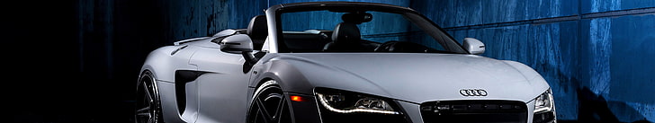 white Audi TT convertible coupe, car, triple screen, Audi R8