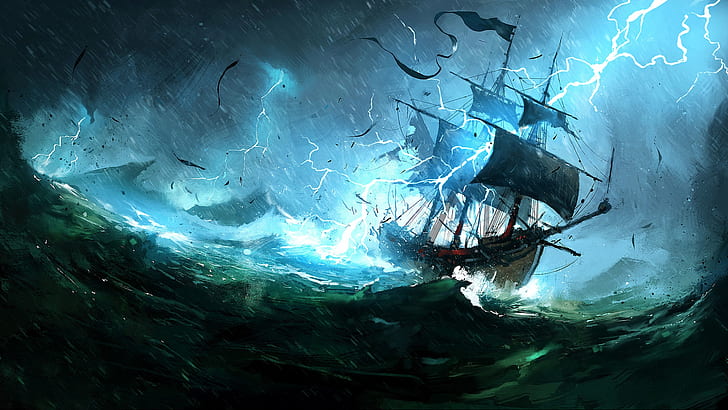 The ocean, Sea, Lightning, Ship, Storm, Concept Art, Dominik Mayer, HD wallpaper