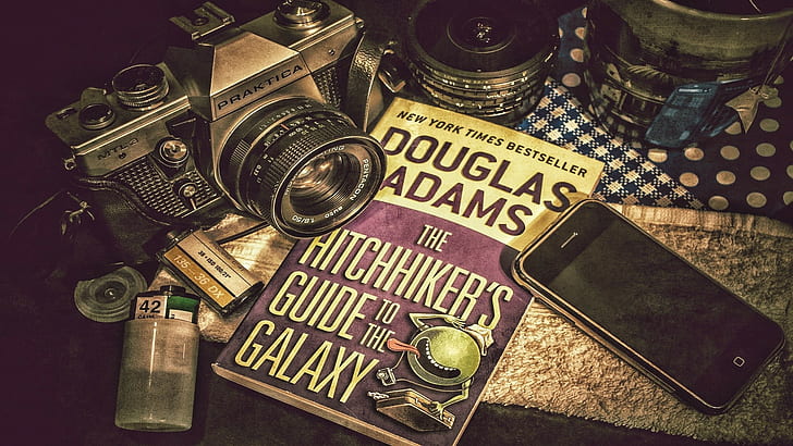 journal, camera, Douglas Adams, smartphone, Retro style, technology