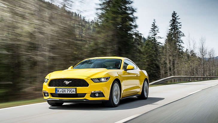 yellow Ford Mustang GT coupe, car, motion blur, road, motor vehicle