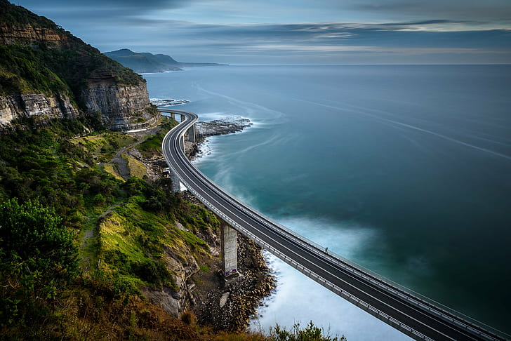 photo of gray concrete bridge on the ocean, Swept, water, sea cliff bridge, HD wallpaper