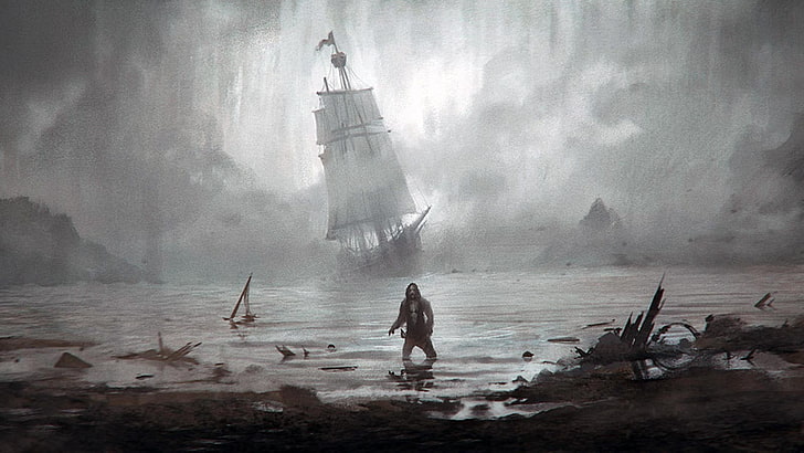 ship, pirates, fantasy art, sea, water, nature, people, land