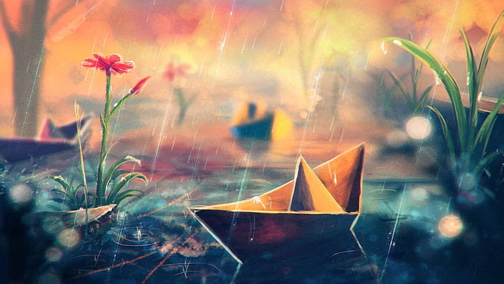 paper boat wallpaper, Sylar, artwork, flowers, paper boats, rain, HD wallpaper