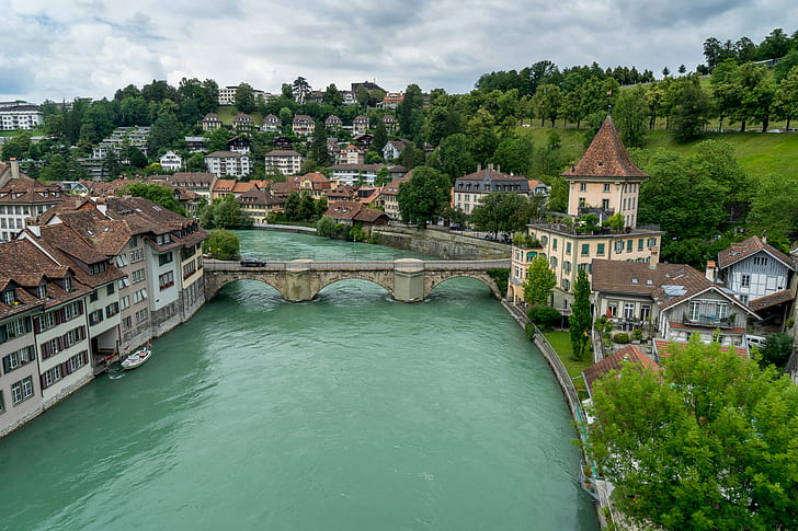 bridge, river, building, Switzerland, Bern, Aare River