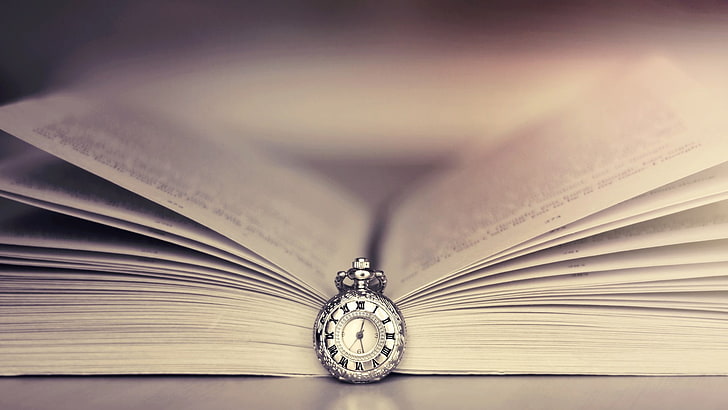 round silver-colored pocket watch, books, clock, time, publication