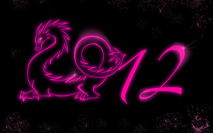 2012 year of the dragon, pink 2012 dragon neon signage, HD wallpaper
