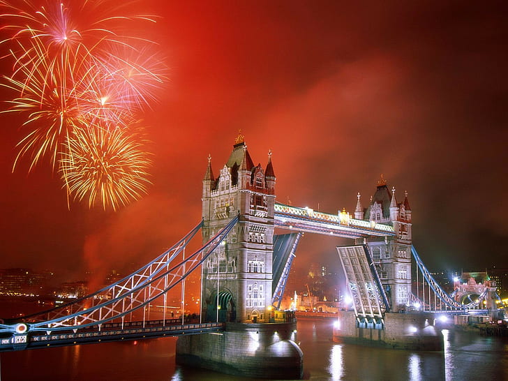 architecture, city, bridge, London Bridge, fireworks, UK, River Thames, HD wallpaper