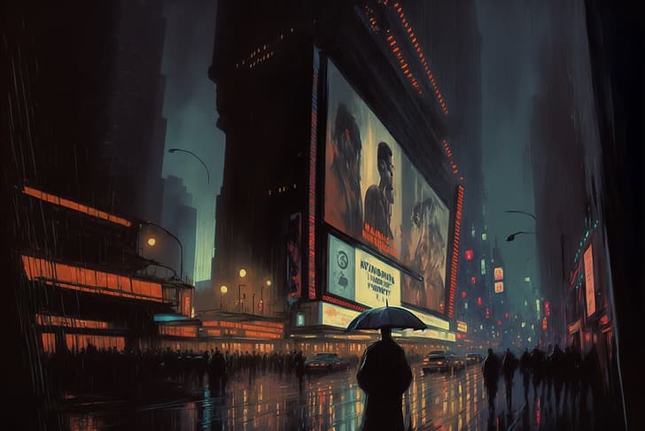 AI art, Blade Runner, cyberpunk, rain
