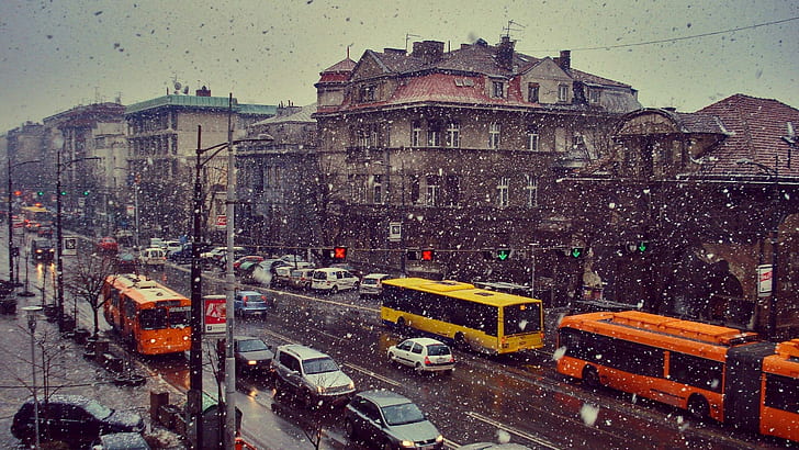 snow, car, buses, city, Serbia, Belgrade, HD wallpaper
