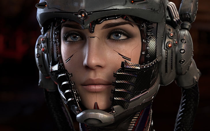 3D female wearing gray helmet digital wallpaper, CGI, futuristic