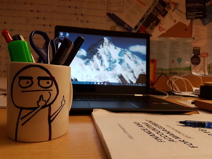accounting, art, coffee mug, finance, laptop, management, meme