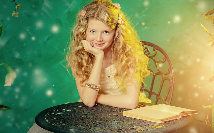 Cute girl, blonde hair, smile, table, book, light, HD wallpaper