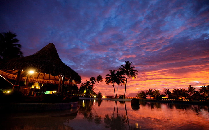 Tahiti Sunset Bora Bora Islands Eclipse Red Clouds Palms Trees Reflection Hd Wallpapers For Mobile Phones Tablet And Laptop 3840×2400