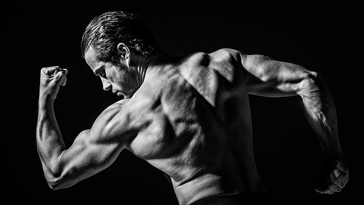 pose, back, hands, black and white, male, monochrome, muscles, HD wallpaper