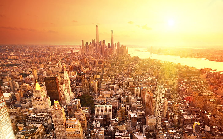 cityscape photo of New York City during golden hour, skyscrapers, HD wallpaper