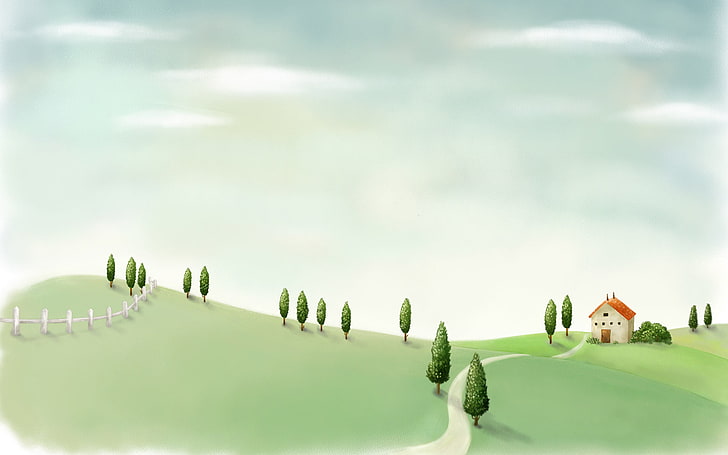 house on hill surrounded with trees illustration, field, landscape