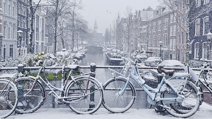 amsterdam, netherlands, winter, snow, bikes, bicycle, europe, HD wallpaper