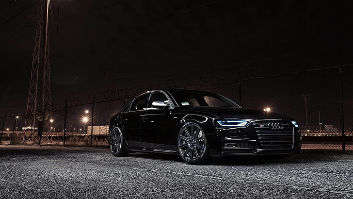 black Audi sedan, rs4, Audi S4, Audi B8, car, vehicle, night, HD wallpaper