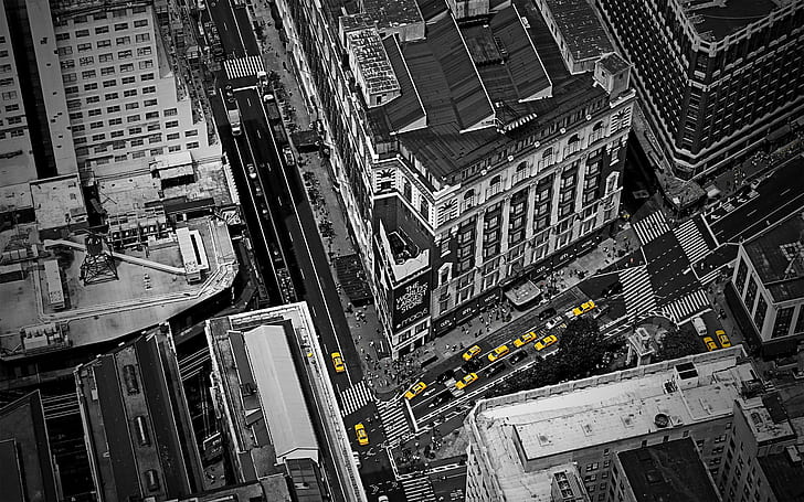 selective coloring, taxi, aerial view, city, traffic, Manhattan, HD wallpaper
