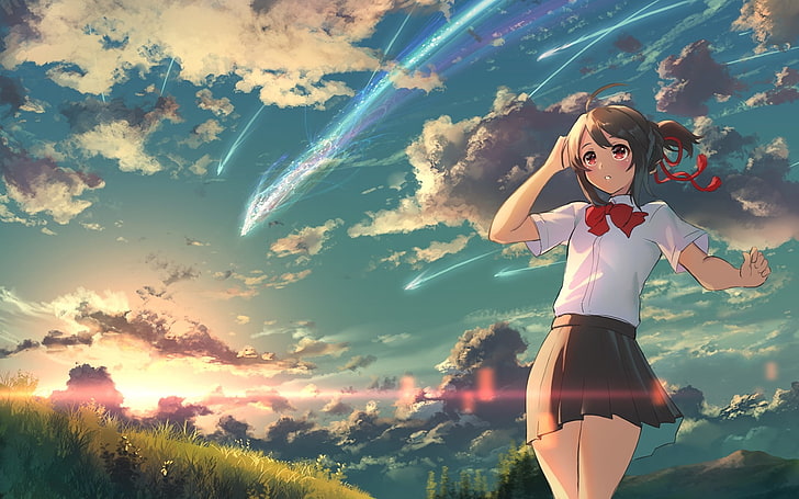 Kimi no Na Wa, anime girls, skirt, cloud - sky, one person