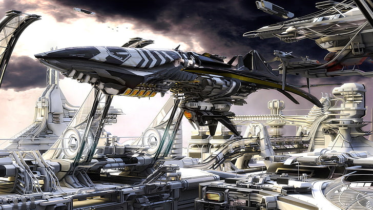 gray and black spaceship illustration, artwork, digital art, futuristic