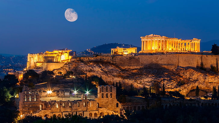 acropolis, ruins, historical, history, europe, darkness, moon, HD wallpaper