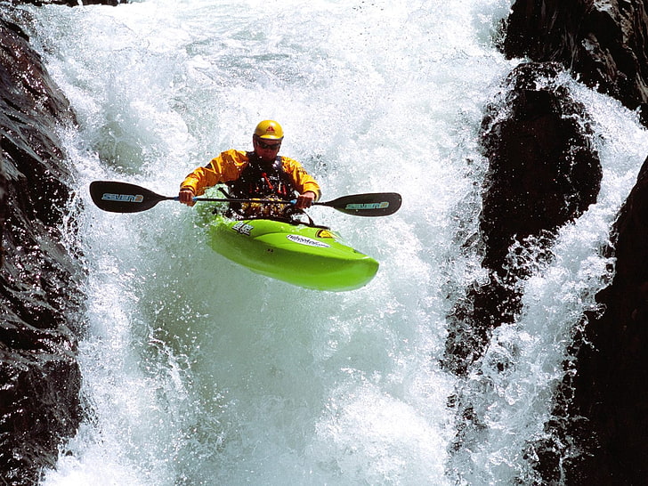 green kayak, alloy, extreme, sportsman, current, extreme Sports, HD wallpaper