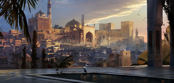 artwork, landscape, palace, oriental, city, Arabian, Middle East