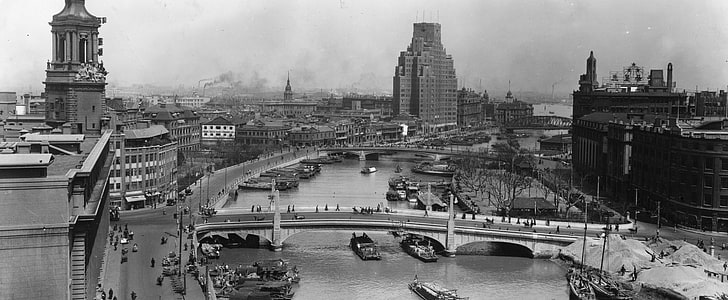 grayscale photo of buildings, retro, river, old, Shanghai, promenade
